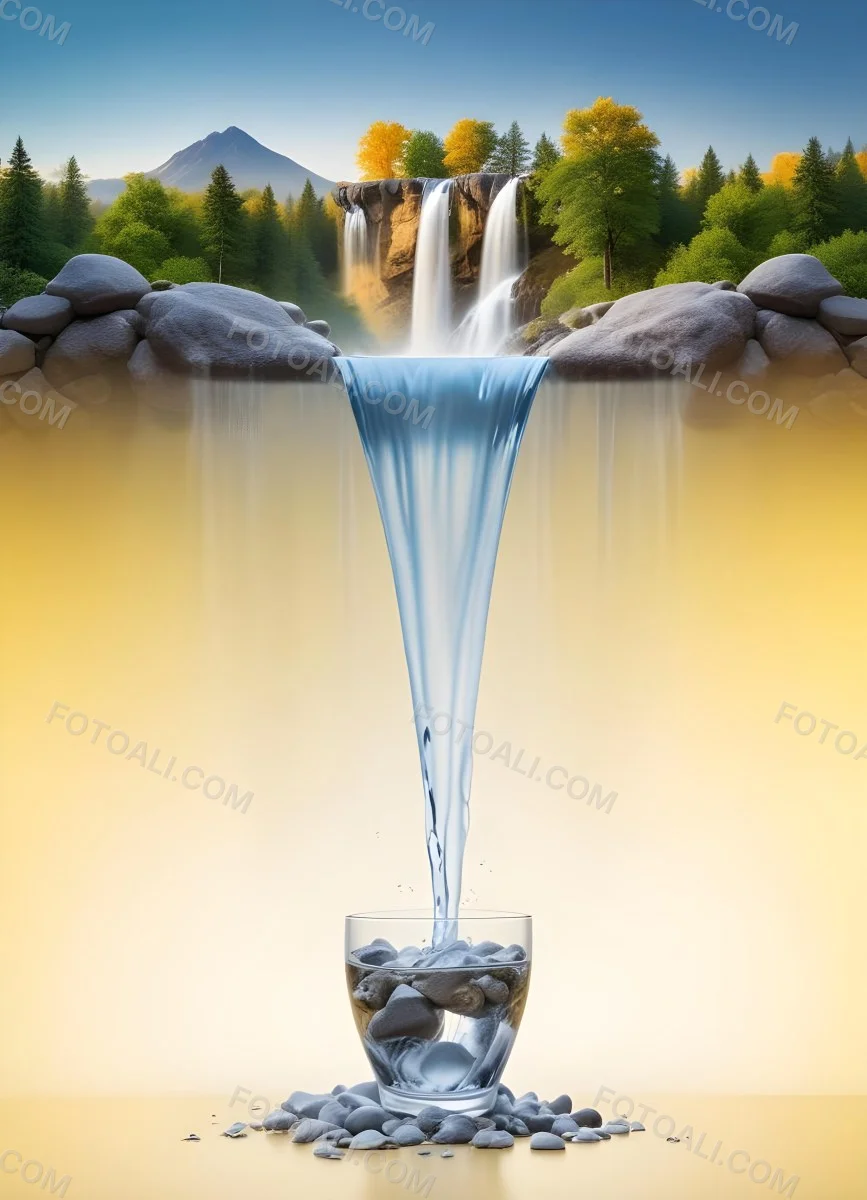 Waterfall Flowing Into A Glass Rocks On The Sides Trees And Mountains In The Background Yellow And White Gradient 2 3180