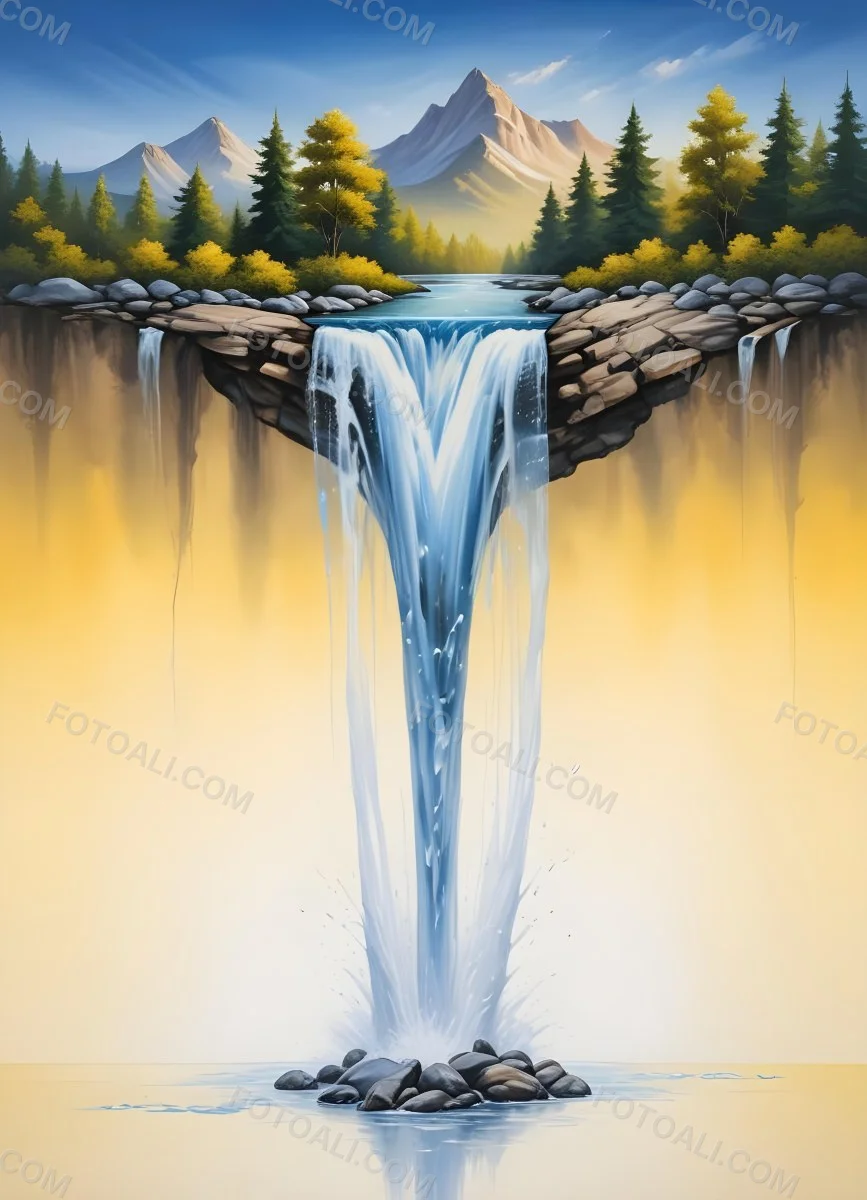 Waterfall Flowing Into A Glass Rocks On The Sides Trees And Mountains In The Background Yellow And White Gradient 24 Dde9