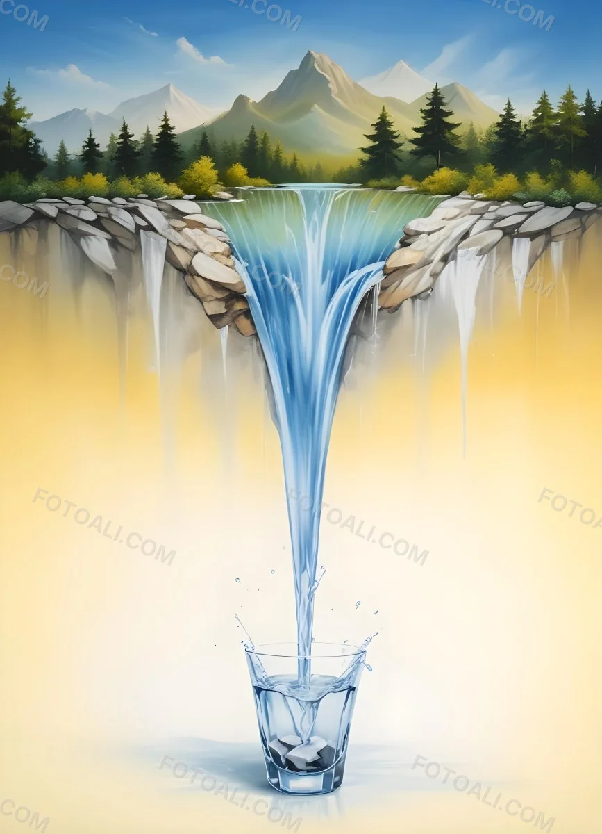 Waterfall Flowing Into A Glass Rocks On The Sides Trees And Mountains In The Background Yellow And White Gradient 25 41c8