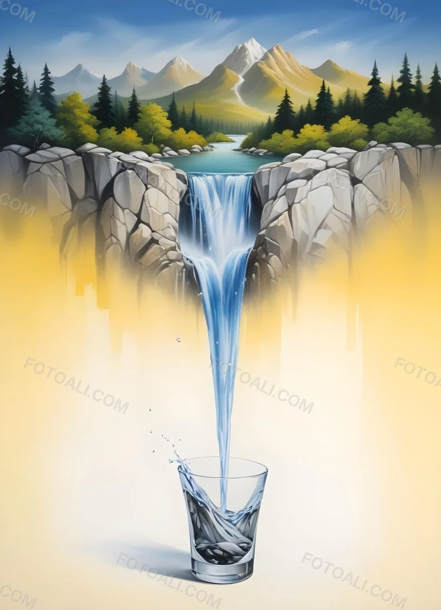 Waterfall Flowing Into A Glass Rocks On The Sides Trees And Mountains In The Background Yellow And White Gradient 28 70e6
