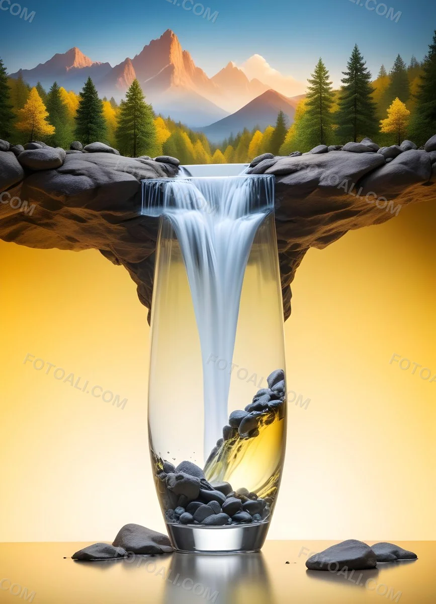 Waterfall Flowing Into A Glass Rocks On The Sides Trees And Mountains In The Background Yellow And White Gradient 3 7063
