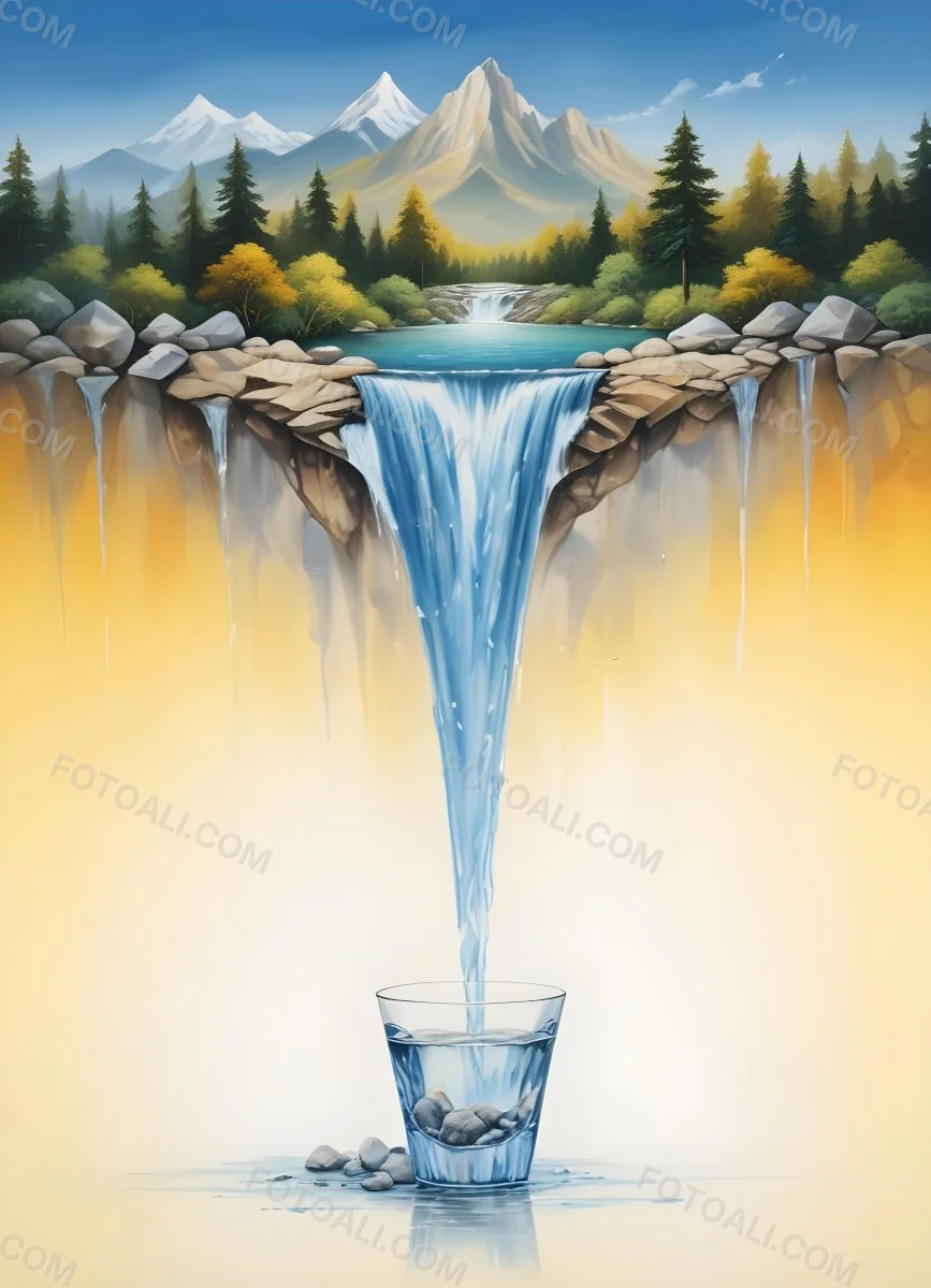 Waterfall Flowing Into A Glass Rocks On The Sides Trees And Mountains In The Background Yellow And White Gradient 30 2535