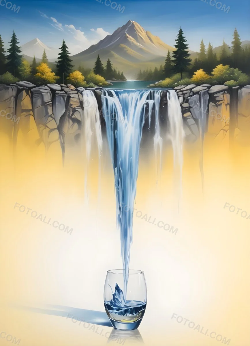 Waterfall Flowing Into A Glass Rocks On The Sides Trees And Mountains In The Background Yellow And White Gradient 33 A64e