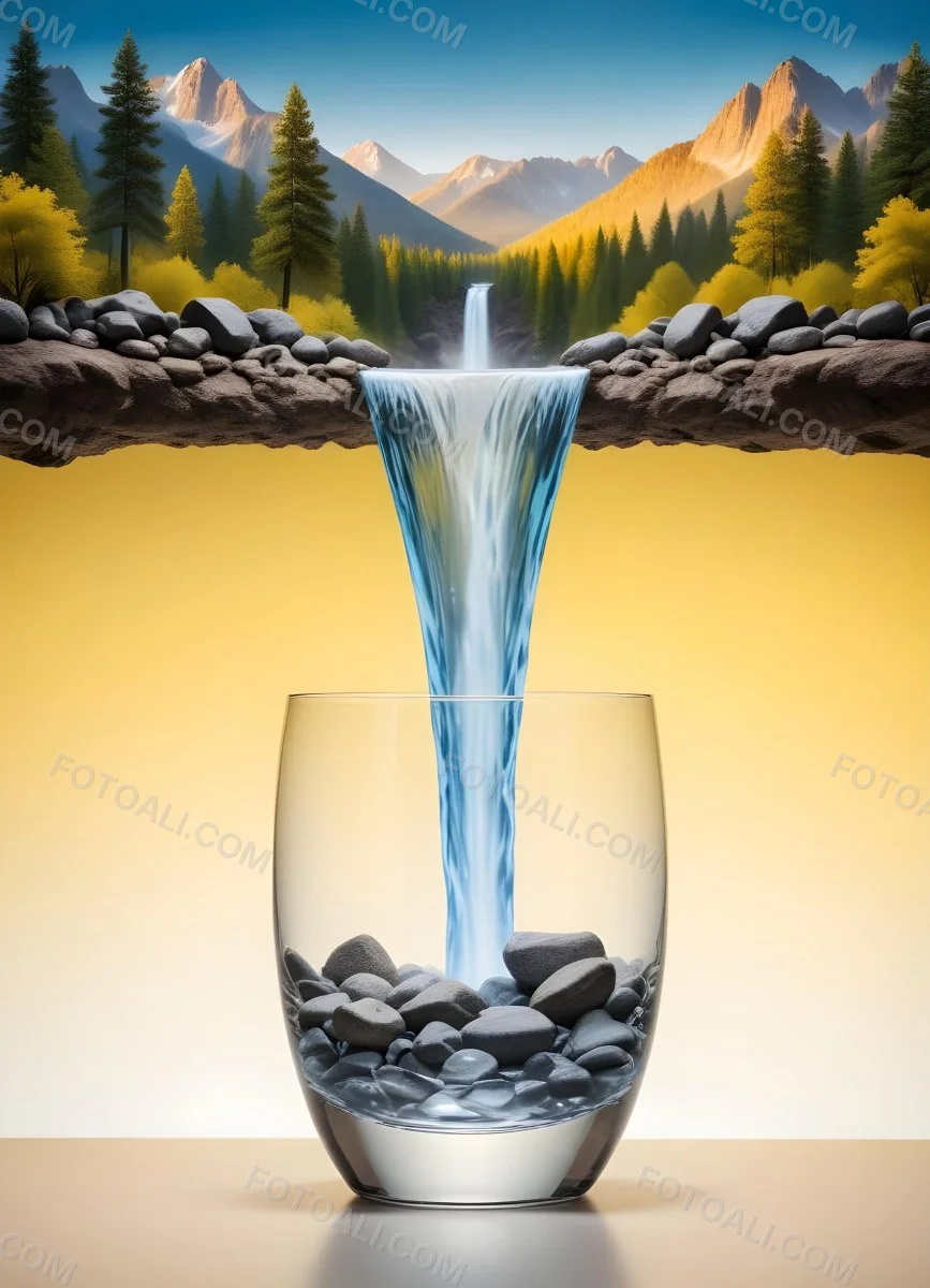Waterfall Flowing Into A Glass Rocks On The Sides Trees And Mountains In The Background Yellow And White Gradient 4 00b8
