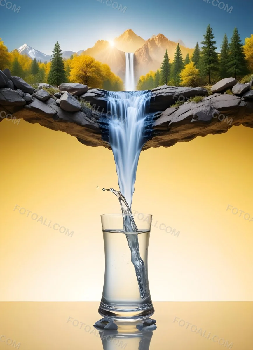Waterfall Flowing Into A Glass Rocks On The Sides Trees And Mountains In The Background Yellow And White Gradient 5 4ea6