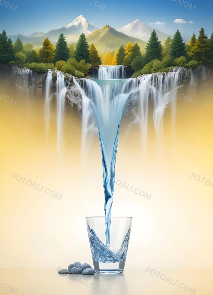 Waterfall Flowing Into A Glass Rocks On The Sides Trees And Mountains In The Background Yellow And White Gradient 7 8f29