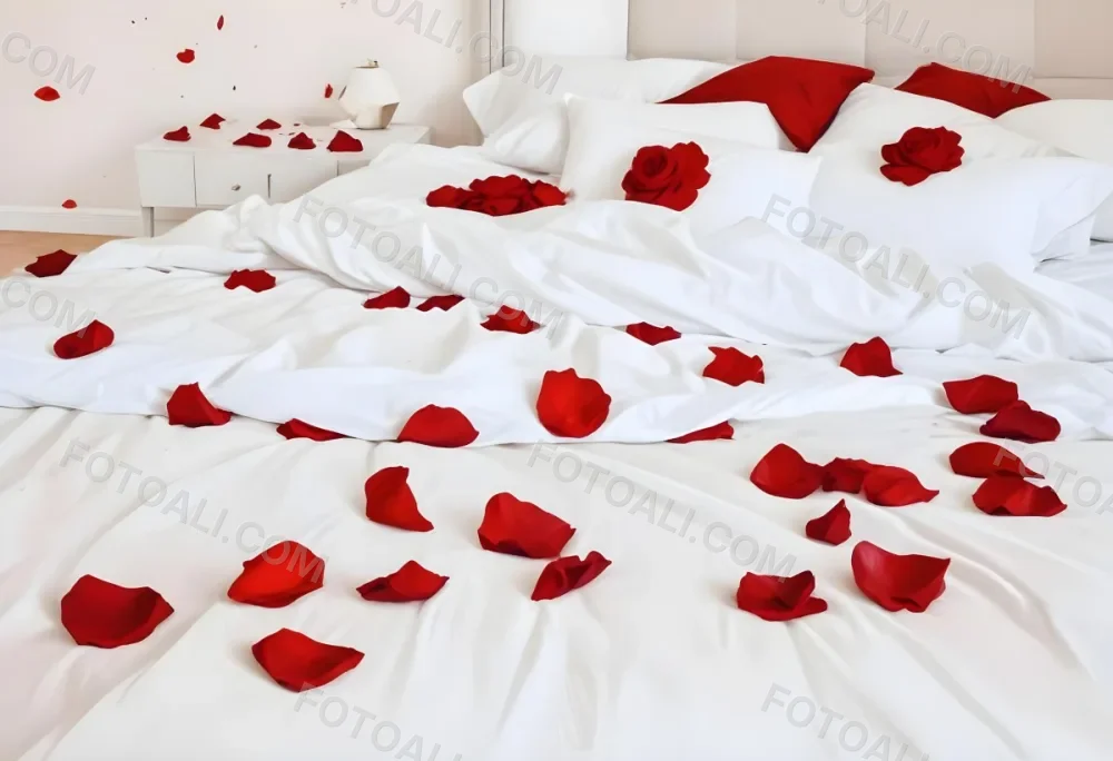 White Bed With Red Pillows And Sheets Covered With Red Rose Petals In A Bedroom 1 0f36