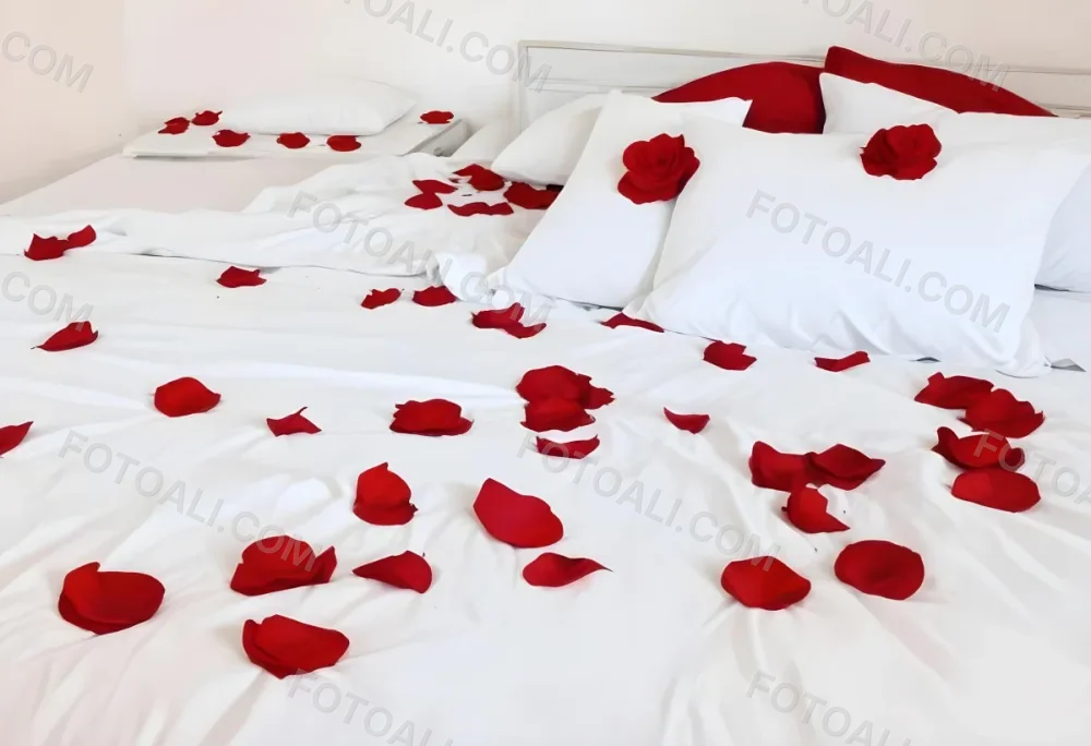 White Bed With Red Pillows And Sheets Covered With Red Rose Petals In A Bedroom 16 13c6
