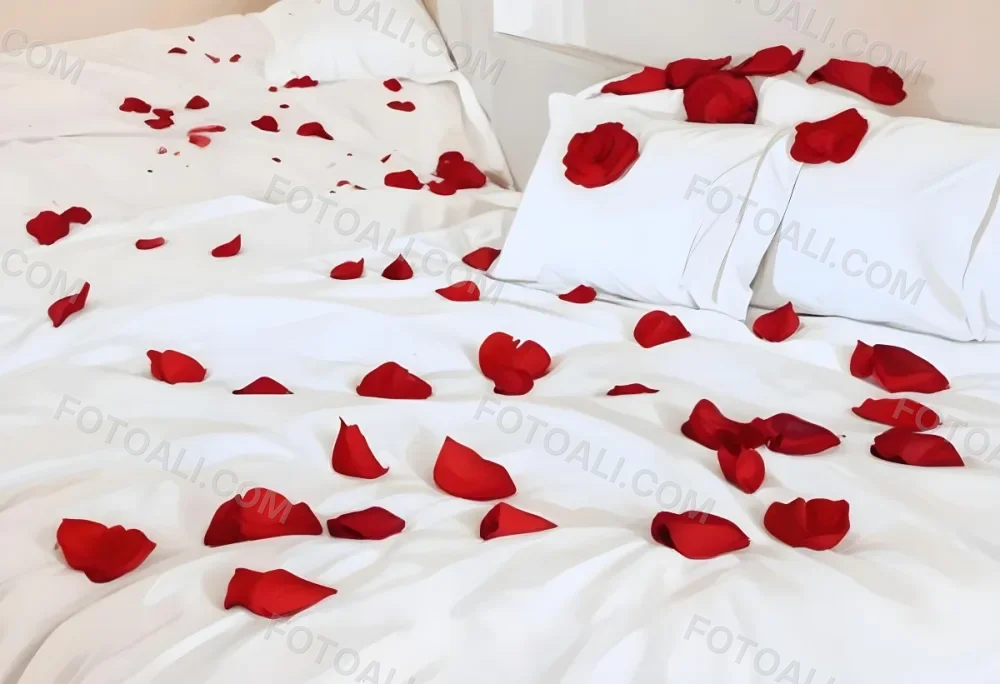 White Bed With Red Pillows And Sheets Covered With Red Rose Petals In A Bedroom 17 8b07