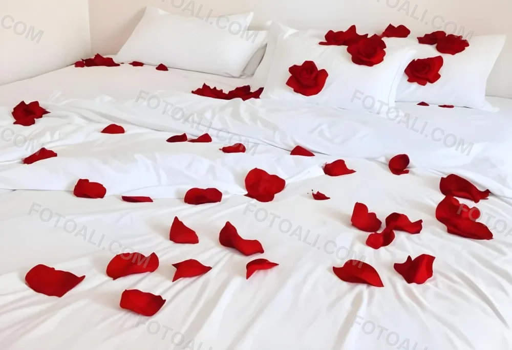 White Bed With Red Pillows And Sheets Covered With Red Rose Petals In A Bedroom 18 Ea1a