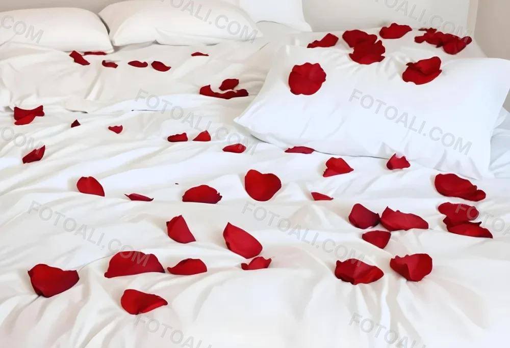 White Bed With Red Pillows And Sheets Covered With Red Rose Petals In A Bedroom 2 0b35