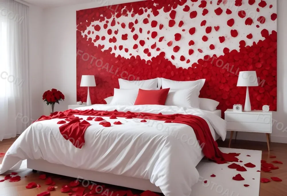 White Bed With Red Pillows And Sheets Covered With Red Rose Petals In A Bedroom 20 3771