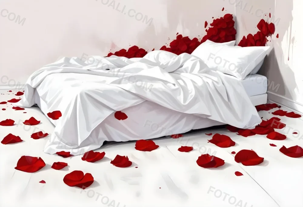 White Bed With Red Pillows And Sheets Covered With Red Rose Petals In A Bedroom 21 6ebc