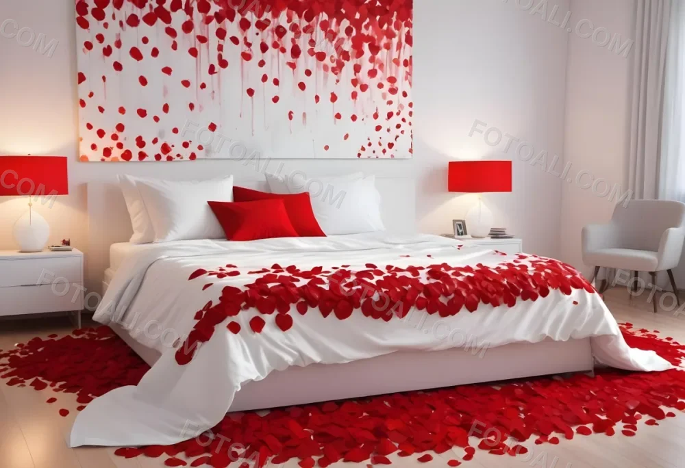 White Bed With Red Pillows And Sheets Covered With Red Rose Petals In A Bedroom 22 Ec74