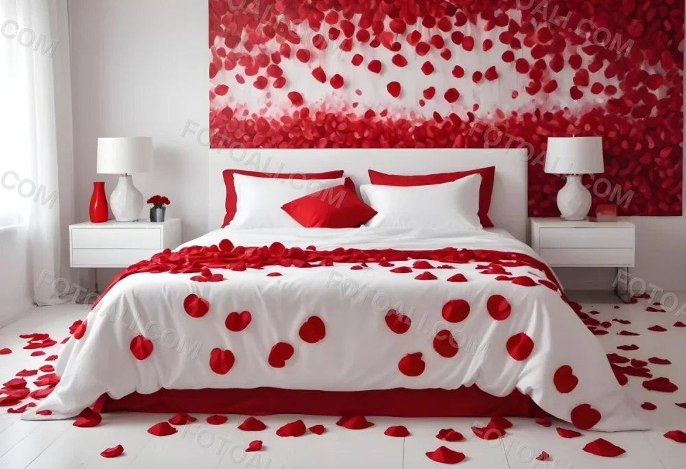White Bed With Red Pillows And Sheets Covered With Red Rose Petals In A Bedroom 23 8ccb