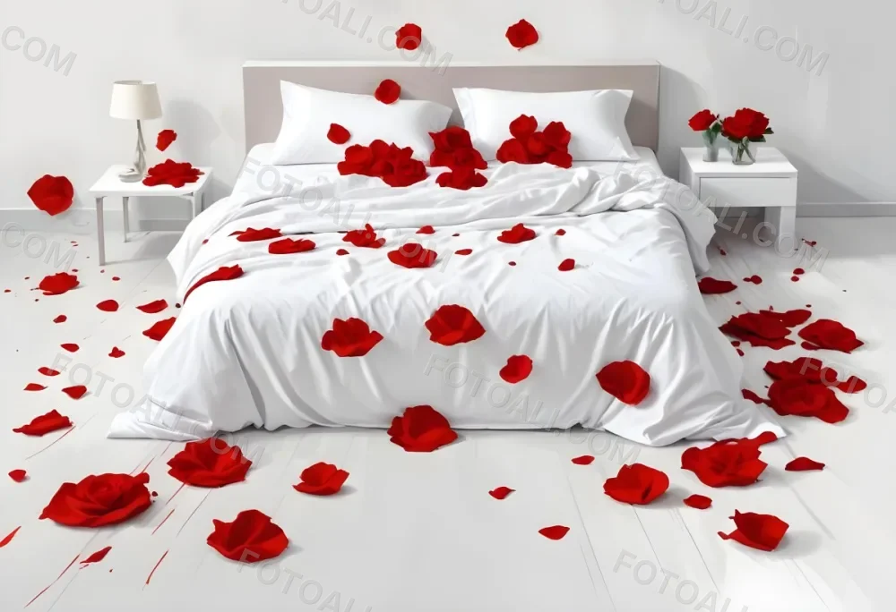 White Bed With Red Pillows And Sheets Covered With Red Rose Petals In A Bedroom 24 62bb