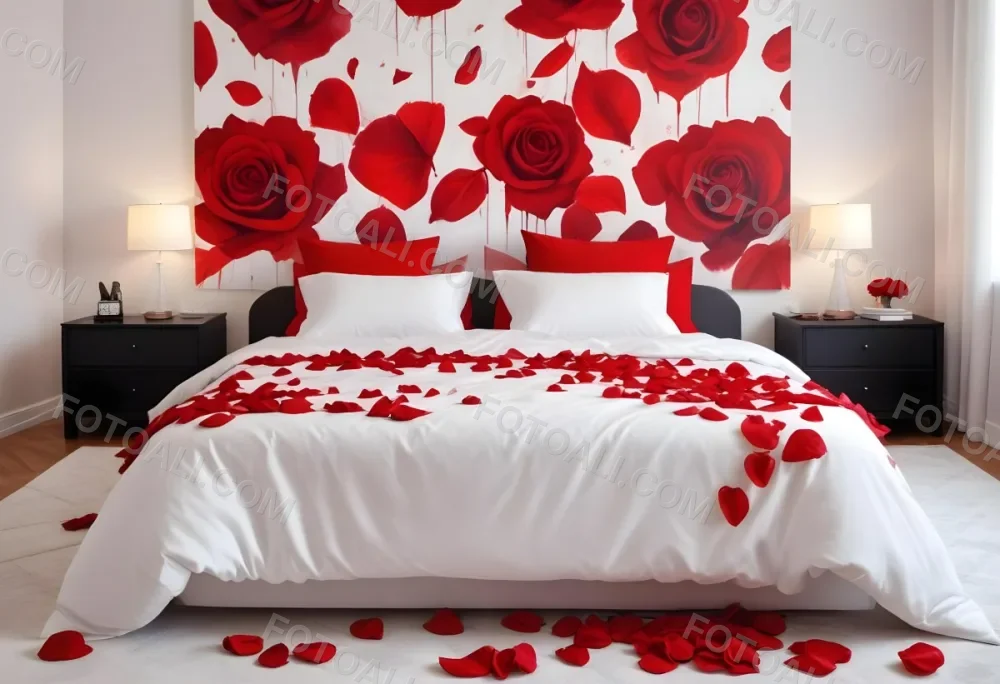 White Bed With Red Pillows And Sheets Covered With Red Rose Petals In A Bedroom 25 Fd6d