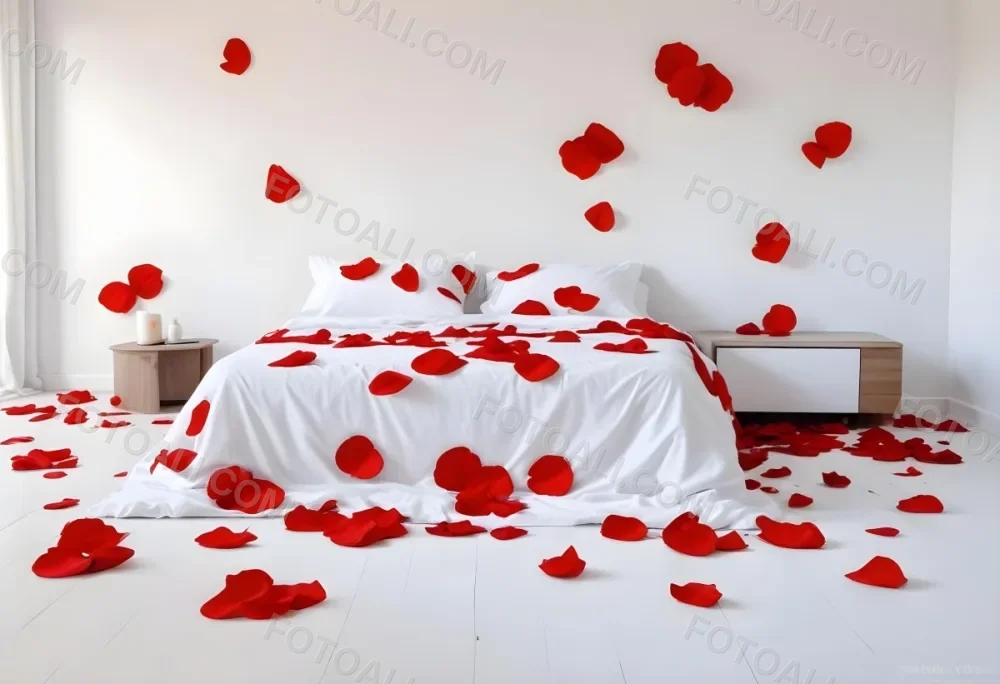 White Bed With Red Pillows And Sheets Covered With Red Rose Petals In A Bedroom 27 819e