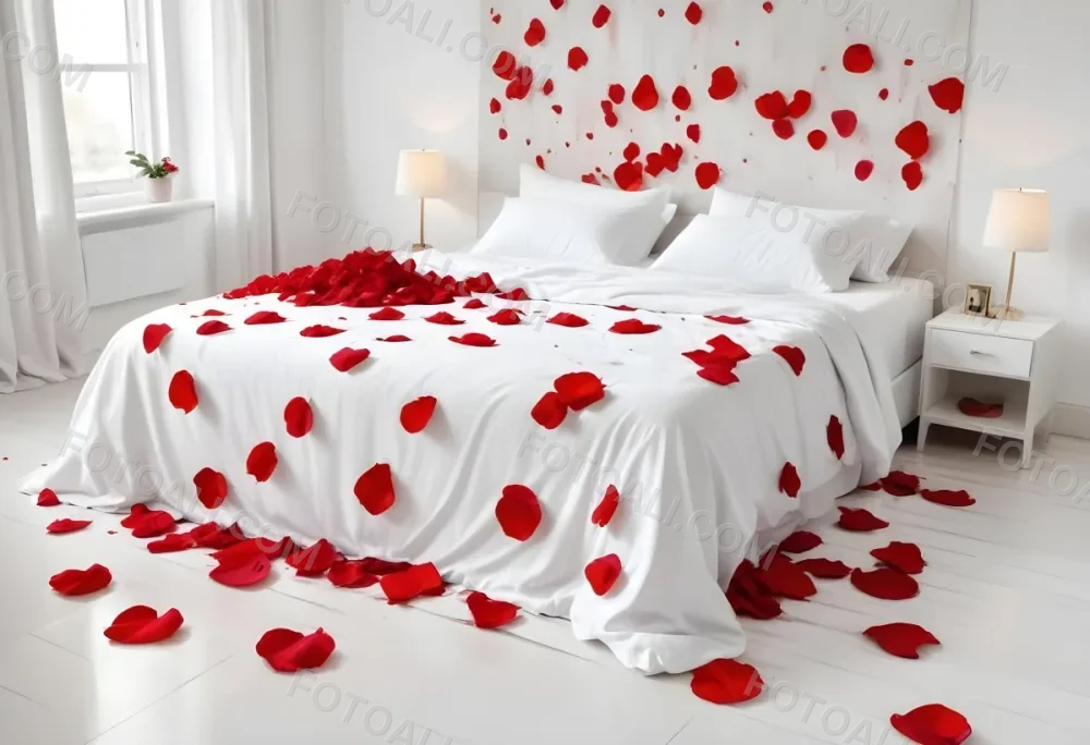 White Bed With Red Pillows And Sheets Covered With Red Rose Petals In A Bedroom 28 Bfeb