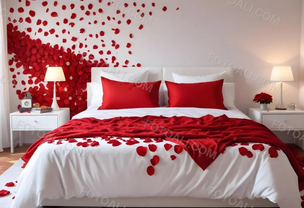 White Bed With Red Pillows And Sheets Covered With Red Rose Petals In A Bedroom 29 5bd2