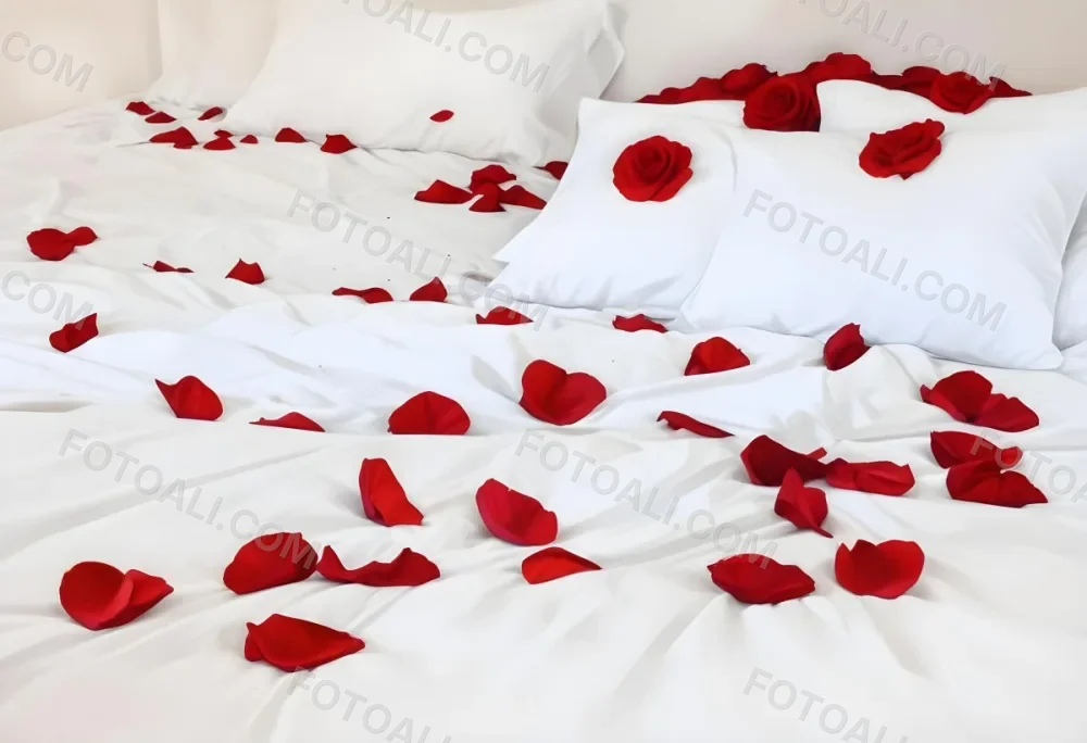 White Bed With Red Pillows And Sheets Covered With Red Rose Petals In A Bedroom 5 6e13