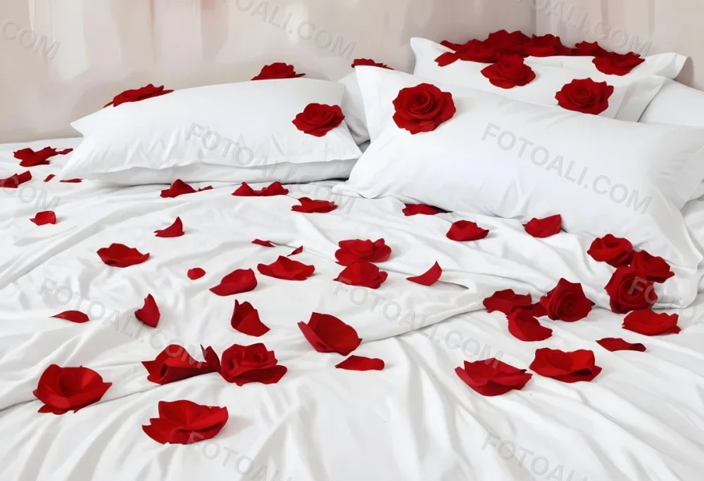 White Bed With Red Pillows And Sheets Covered With Red Rose Petals In A Bedroom 8 3a09