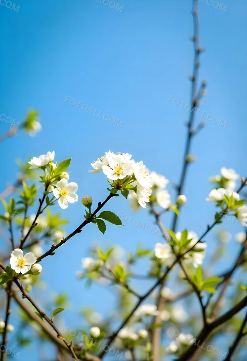 White Cherry Blossoms On A Branch Against A Clear Blue Sky 10 E509