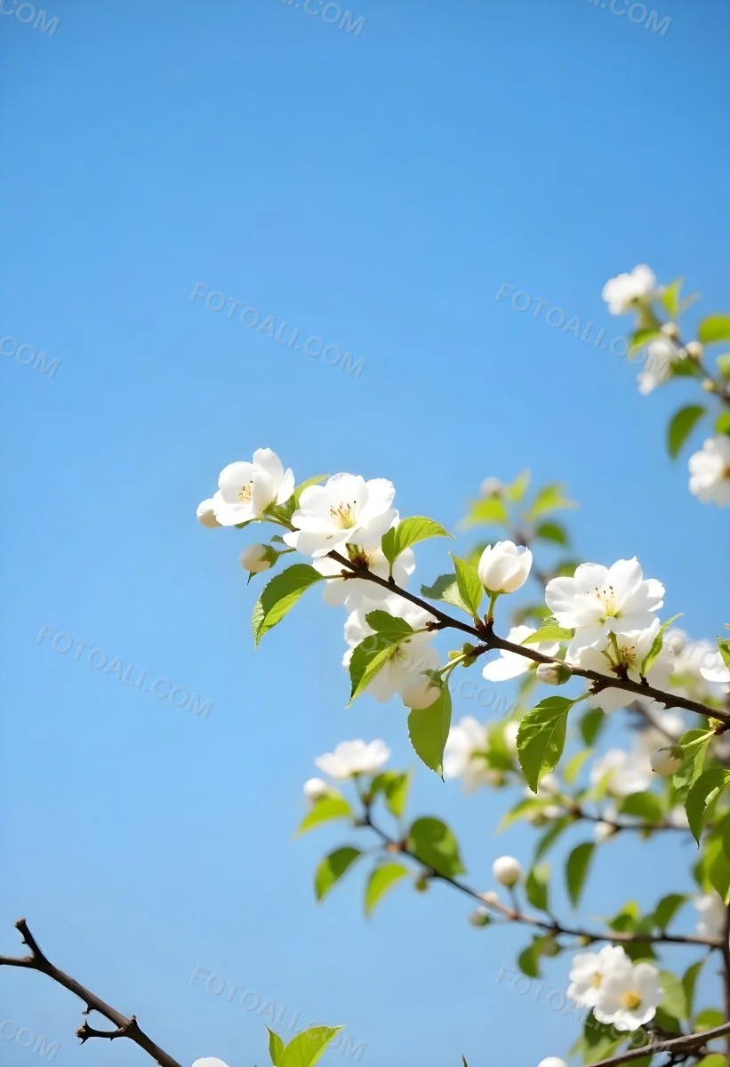 White Cherry Blossoms On A Branch Against A Clear Blue Sky 3 Accb