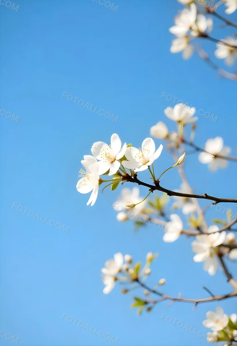 White Cherry Blossoms On A Branch Against A Clear Blue Sky 8 E42a