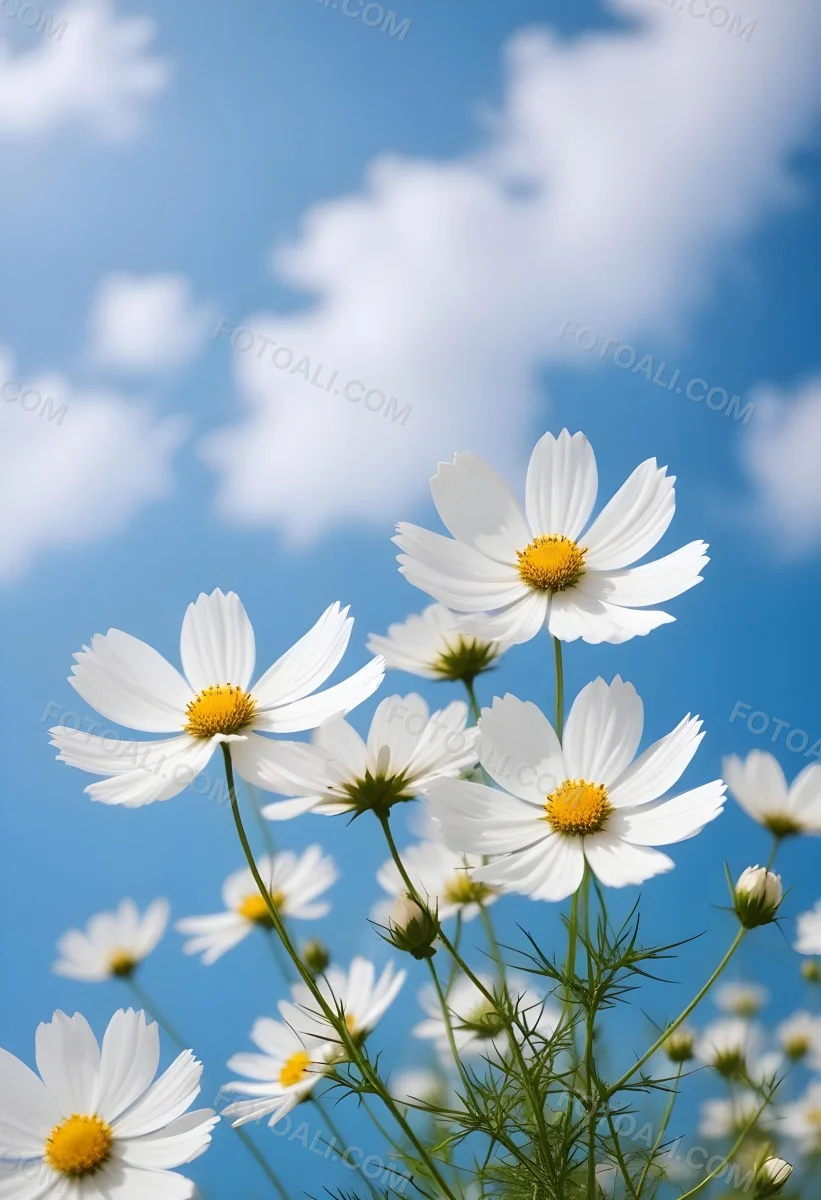 White Cosmos Flowers Against A Blurred Blue Sky Background 13 F2df