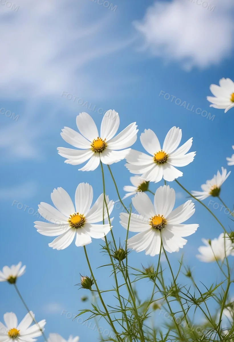 White Cosmos Flowers Against A Blurred Blue Sky Background 14 6f95