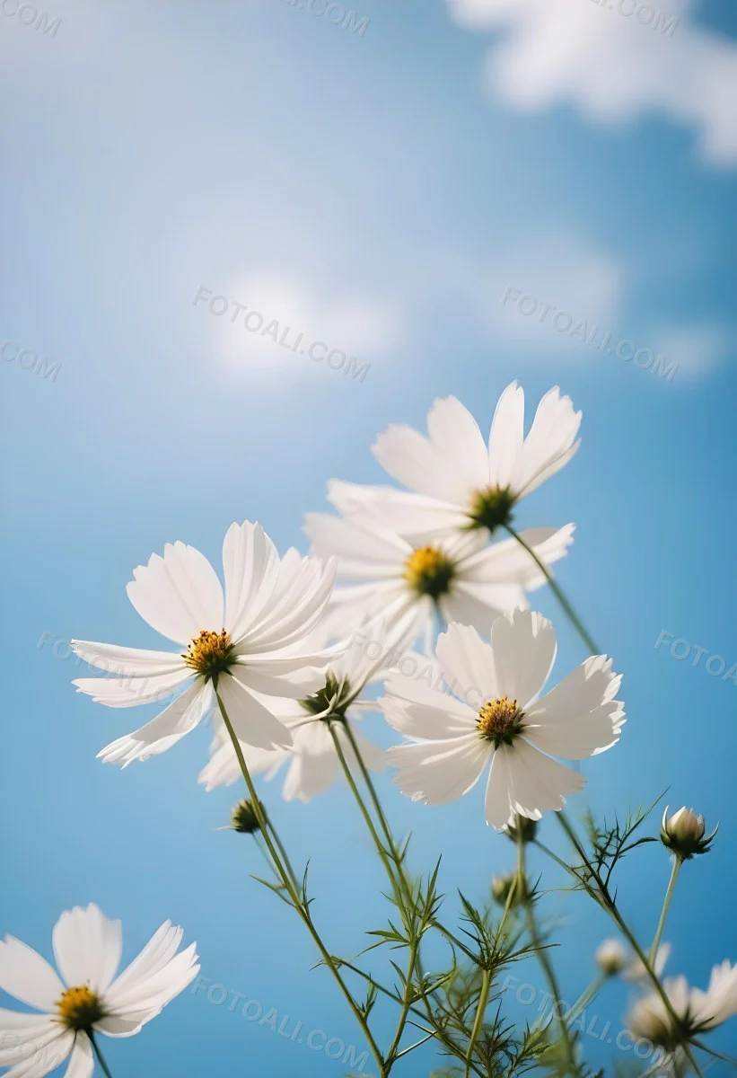 White Cosmos Flowers Against A Blurred Blue Sky Background 17 A88c