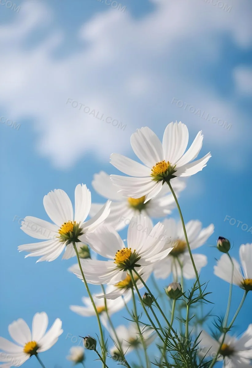White Cosmos Flowers Against A Blurred Blue Sky Background 23 Cb81