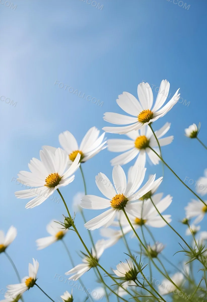 White Cosmos Flowers Against A Blurred Blue Sky Background 26 9cbc
