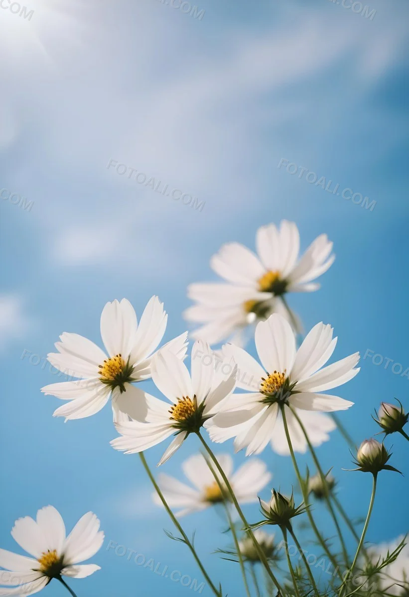 White Cosmos Flowers Against A Blurred Blue Sky Background 27 C5fe