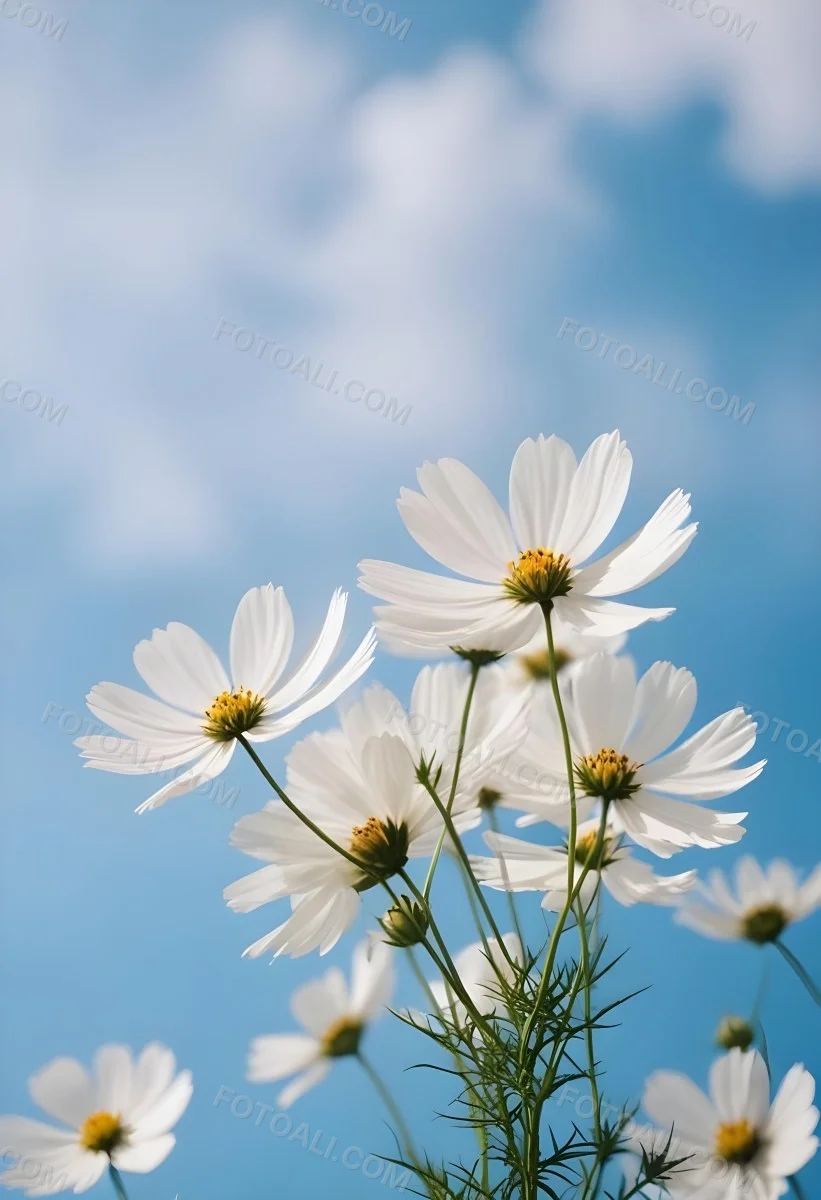 White Cosmos Flowers Against A Blurred Blue Sky Background 28 220c