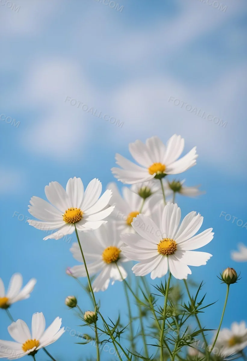 White Cosmos Flowers Against A Blurred Blue Sky Background 29 Aab5