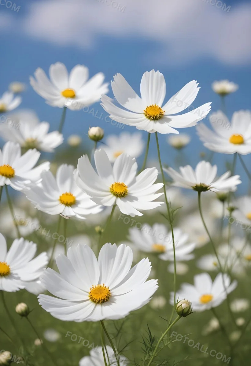 White Cosmos Flowers Against A Blurred Blue Sky Background 3 Ad92