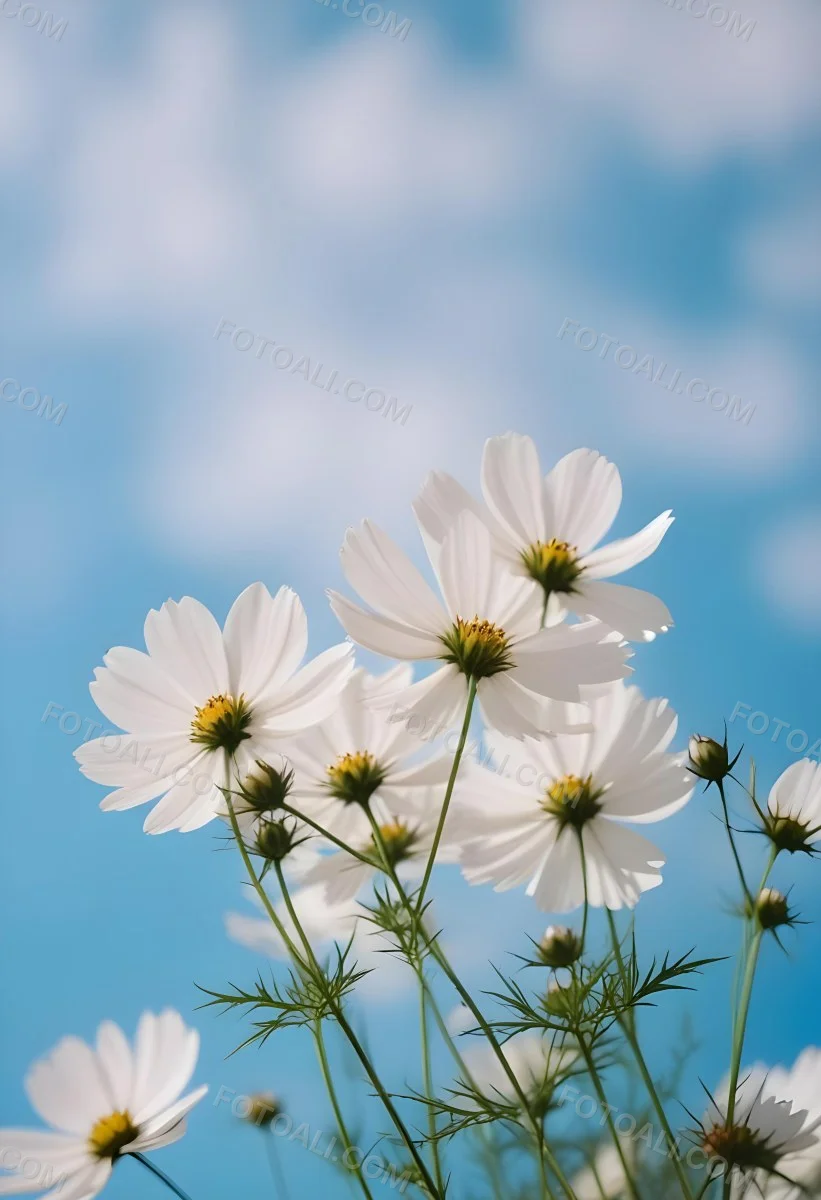 White Cosmos Flowers Against A Blurred Blue Sky Background 31 D3cc