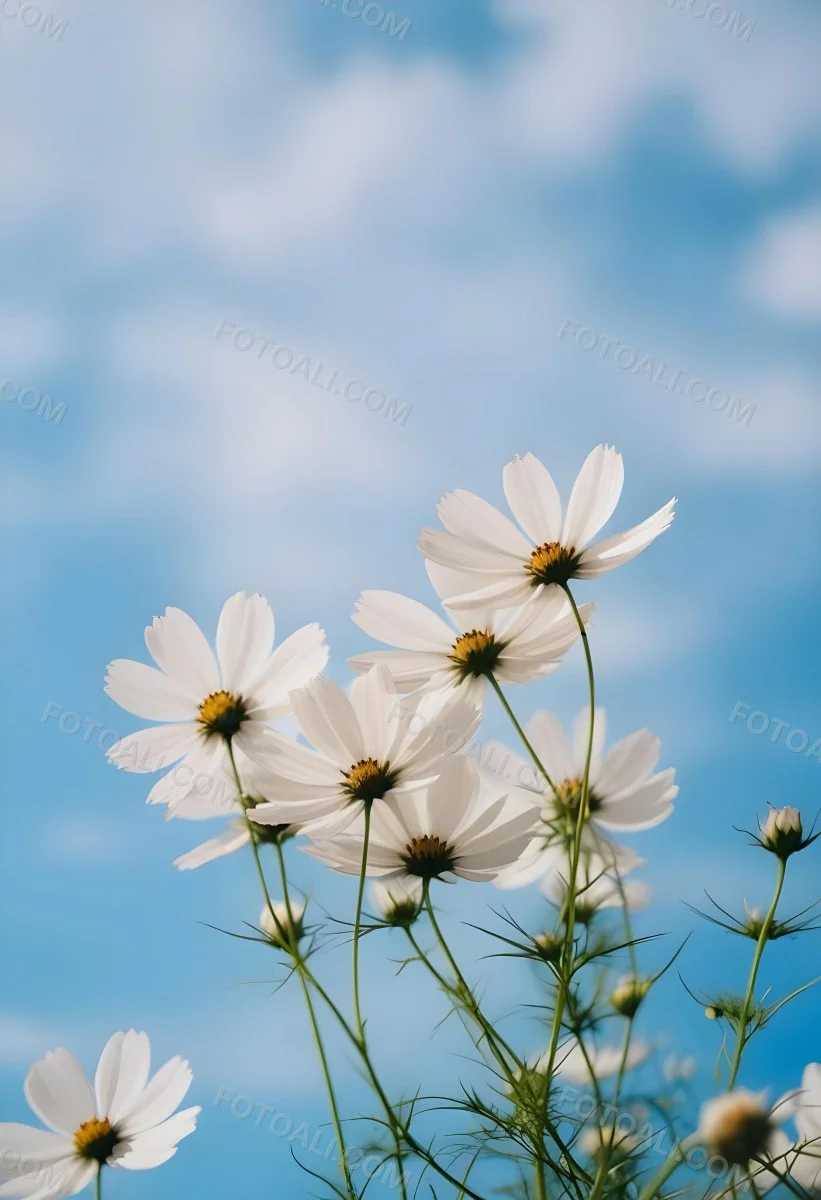 White Cosmos Flowers Against A Blurred Blue Sky Background 32 4c8e