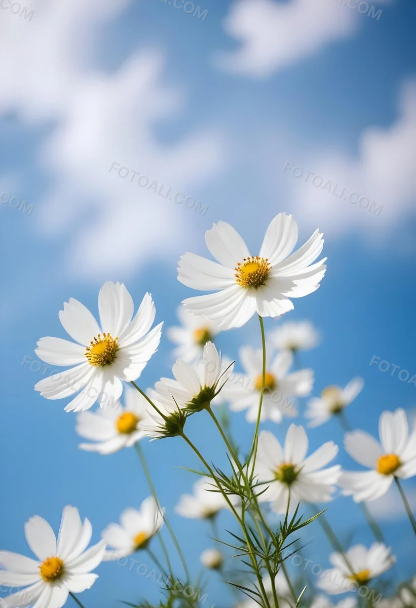 White Cosmos Flowers Against A Blurred Blue Sky Background 4 E432