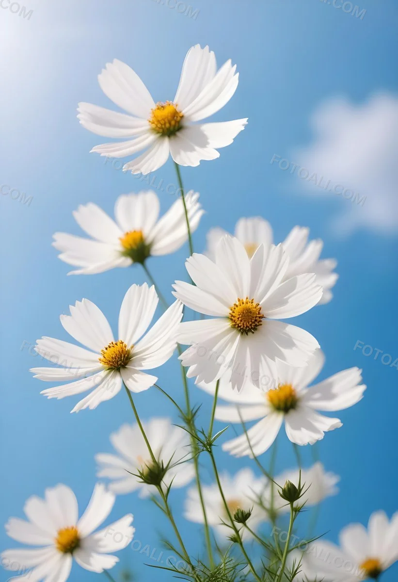 White Cosmos Flowers Against A Blurred Blue Sky Background 6 A1e3