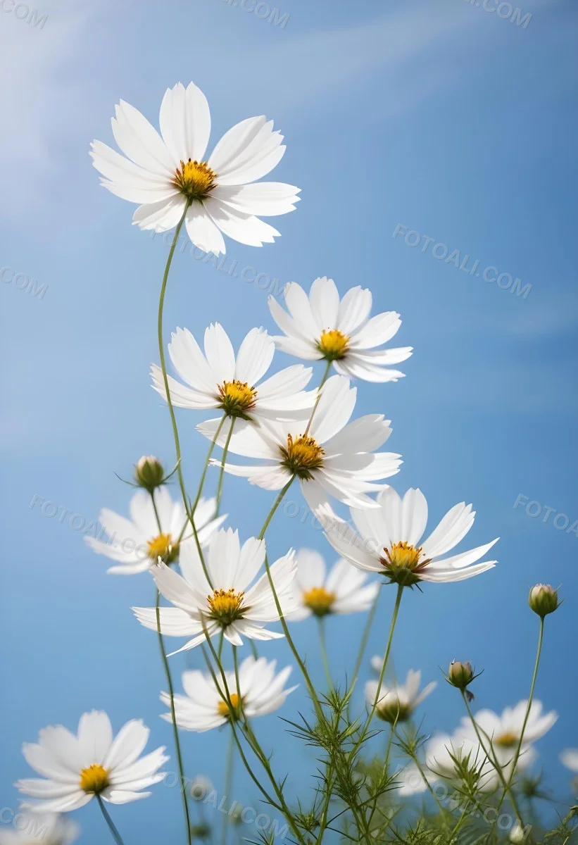 White Cosmos Flowers Against A Blurred Blue Sky Background 7 D968