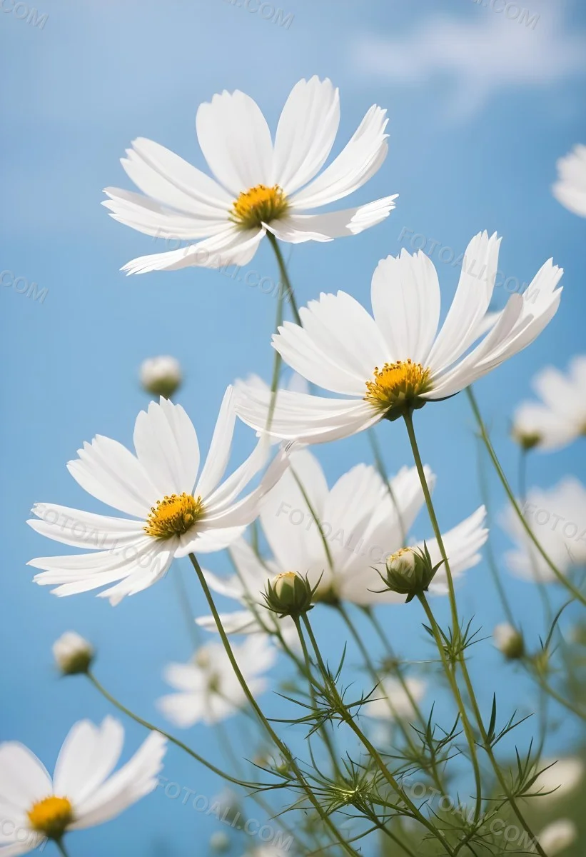 White Cosmos Flowers Against A Blurred Blue Sky Background 9 E0e7