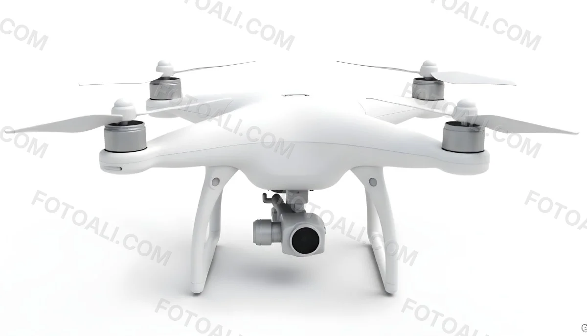 White Drone With Four Propellers And A Camera Attached To The Bottom Isolated On A White Background 21 E533