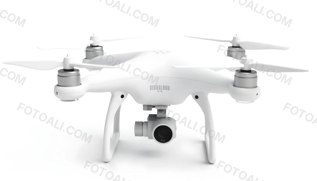 White Drone With Four Propellers And A Camera Attached To The Bottom Isolated On A White Background 29 210d