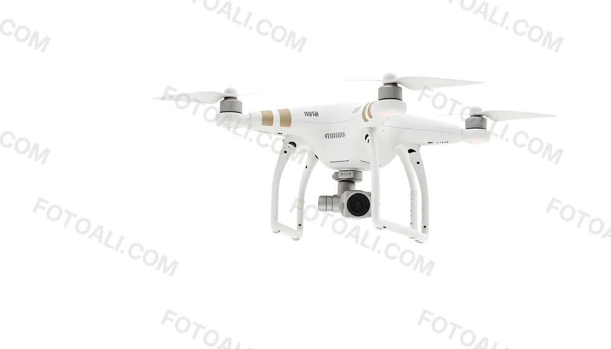 White Drone With Four Propellers And A Camera Attached To The Bottom Isolated On A White Background 37 C9e0