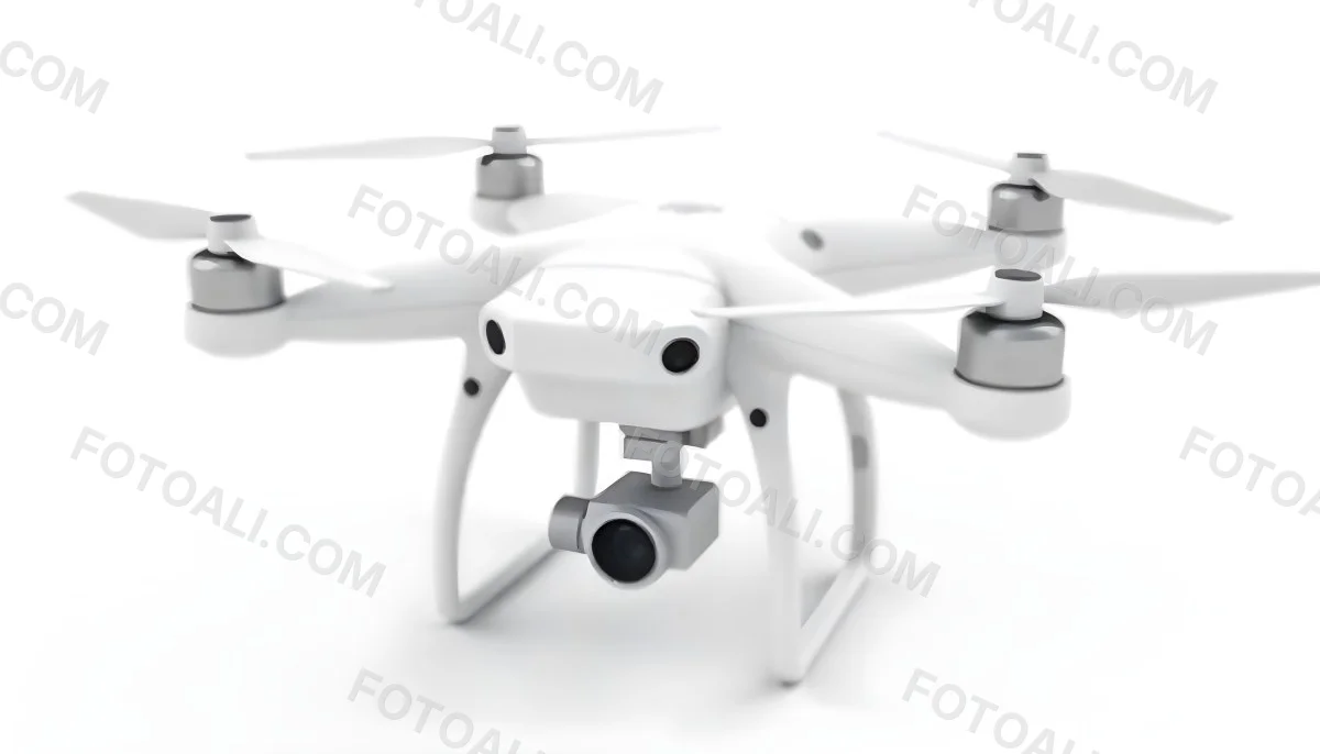 White Drone With Four Propellers And A Camera Attached To The Bottom Isolated On A White Background 9 Ede4