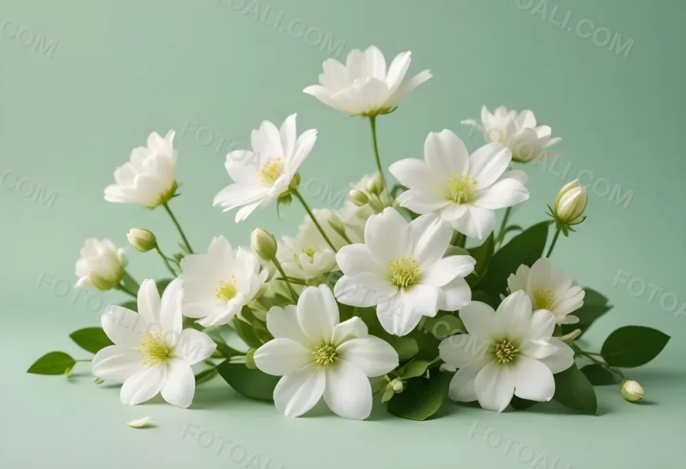 White Flowers And Petals On A Light Green Background Floral Arrangement Soft Lighting Minimalist Composition Fresh And Delicate Spring Theme Clean Aesthetic 28 A4c4
