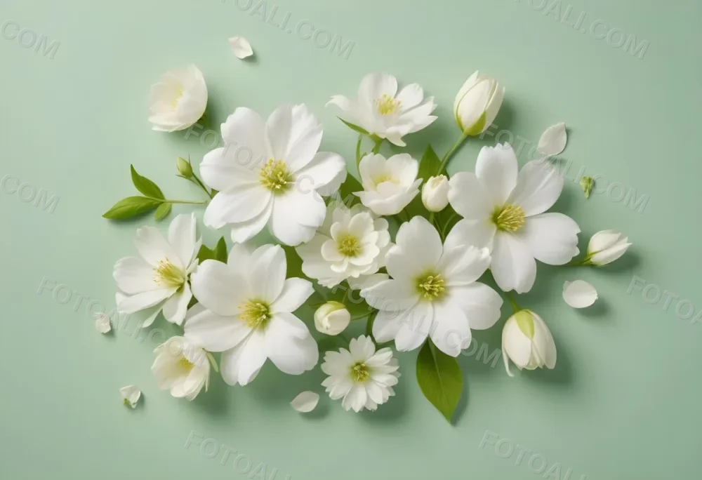 White Flowers And Petals On A Light Green Background Floral Arrangement Soft Lighting Minimalist Composition Fresh And Delicate Spring Theme Clean Aesthetic 36 862d